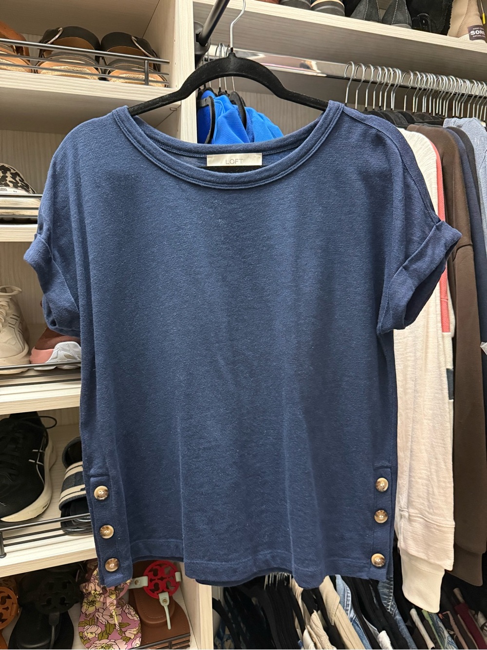 LOFT Navy Short-Sleeve Button-Trim Tee